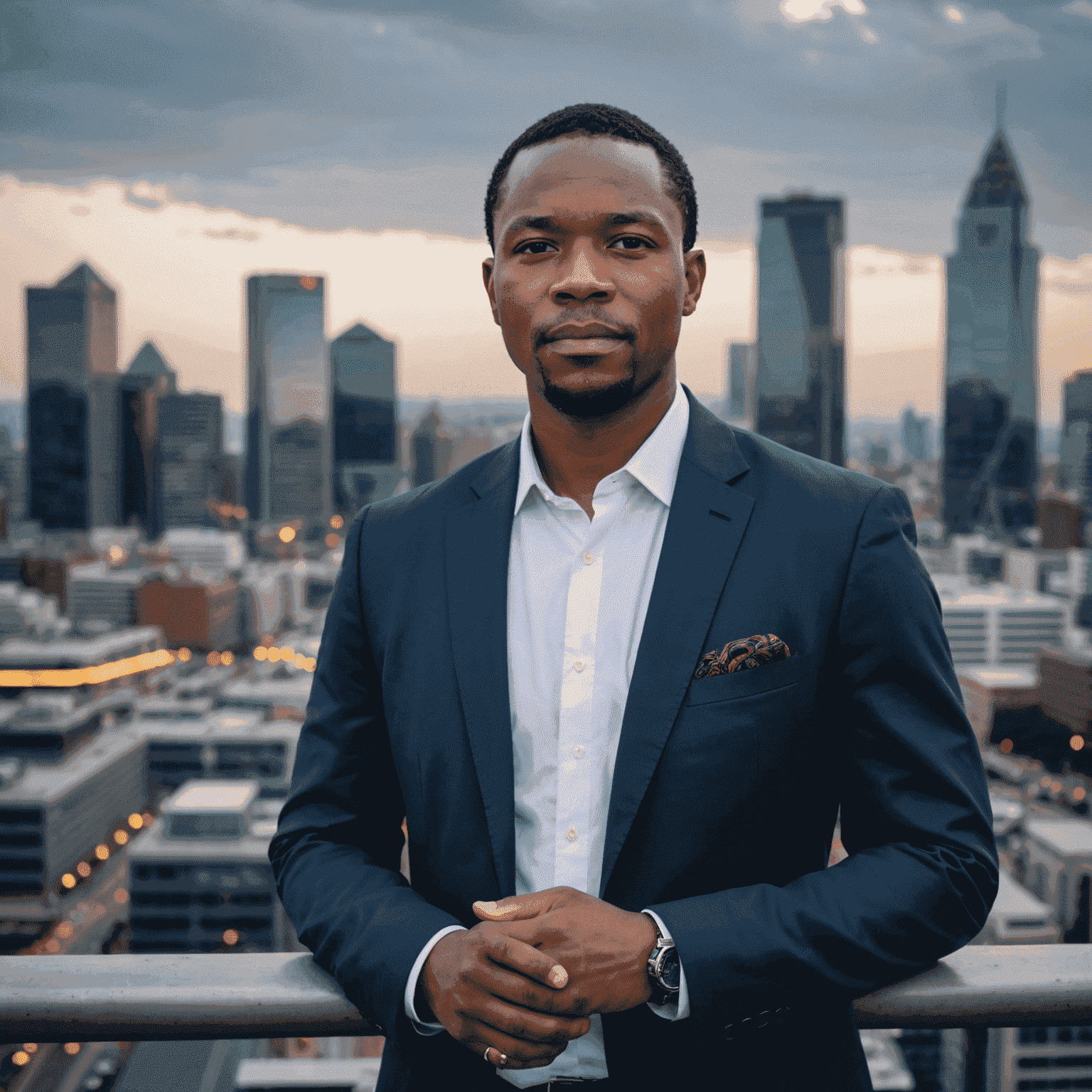 Portrait of Themba Nkosi, a cybersecurity expert with 15 years of experience in the financial sector. He has a serious expression, wearing a crisp white shirt and navy blazer, standing in front of a backdrop of Johannesburg's financial district skyline.