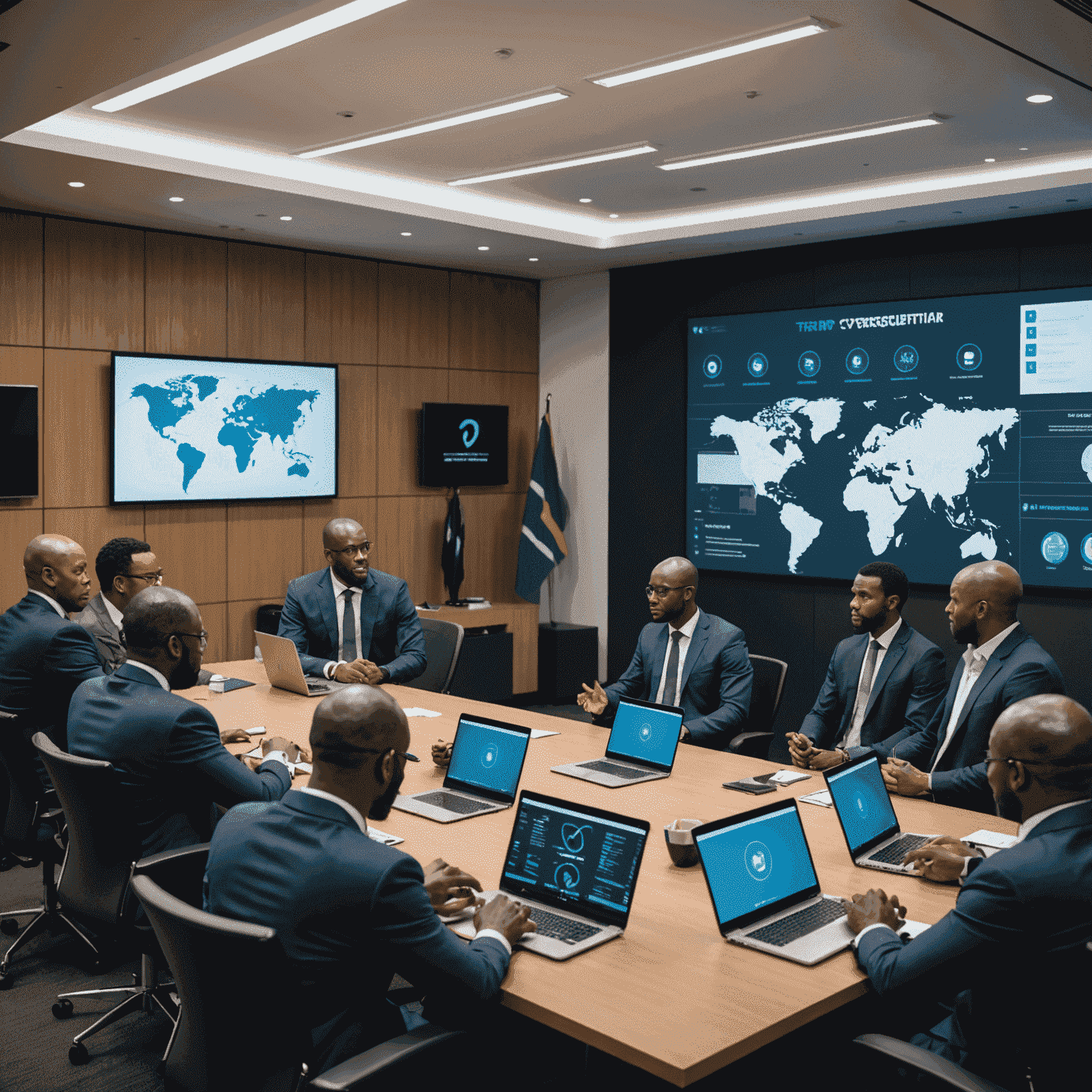 A professional meeting room with South African and international business people discussing cybersecurity standards, with laptops and presentation screens visible