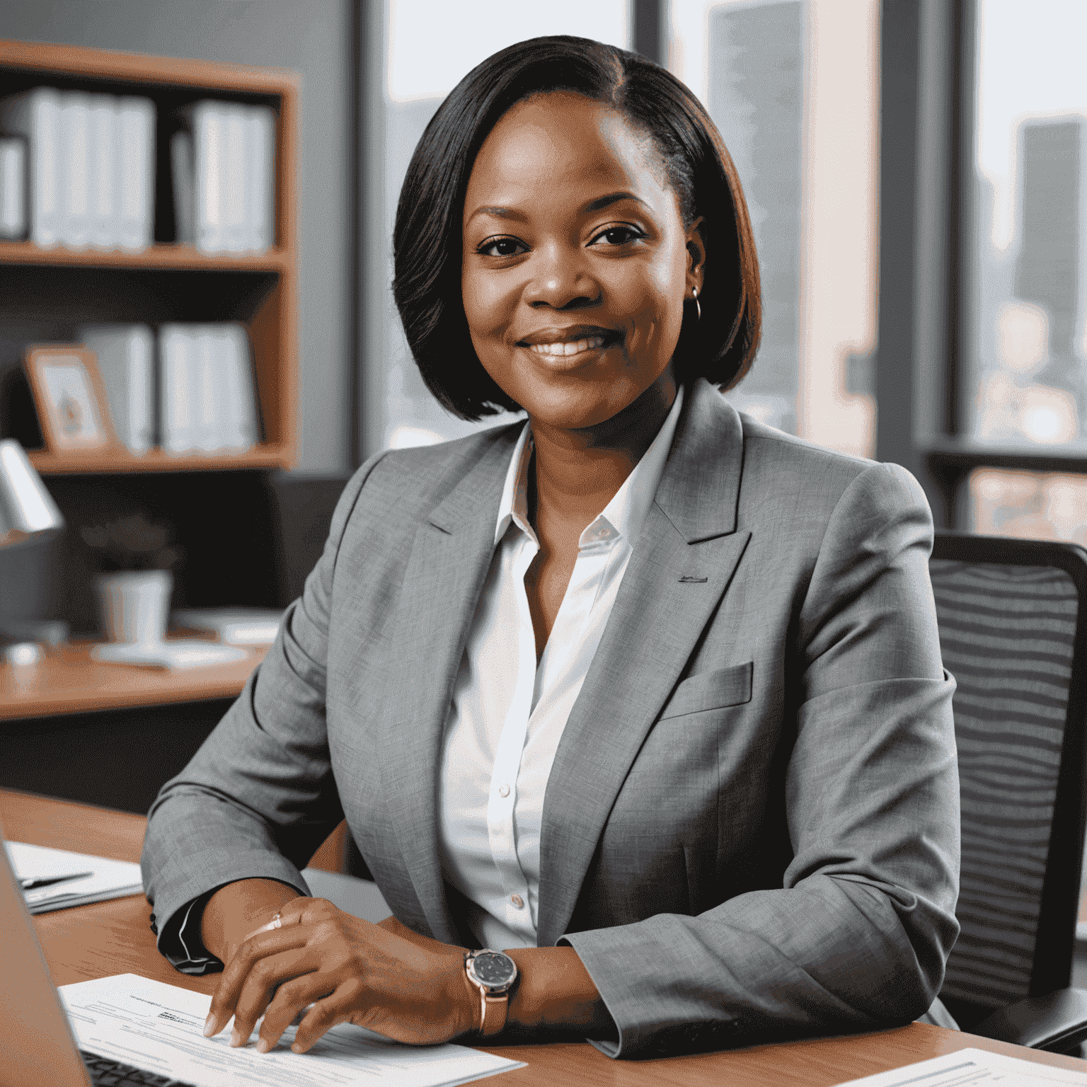 Portrait of Lerato Molefe, a POPIA compliance specialist. She has a warm, professional smile, wearing a stylish grey suit, seated at a modern office desk with legal documents and a laptop visible.