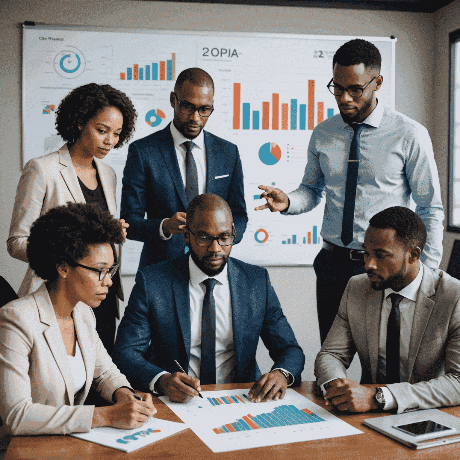 A group of diverse South African business professionals collaborating on a POPIA compliance strategy, with charts and digital security icons in the background