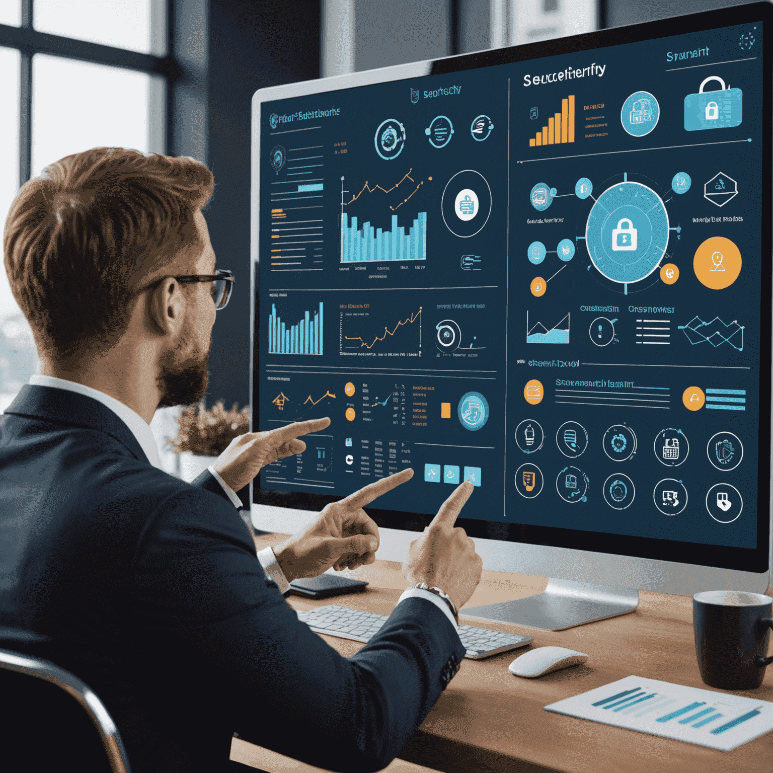 A professional financial advisor discussing cybersecurity measures with a client, pointing to a screen showing various security icons and graphs